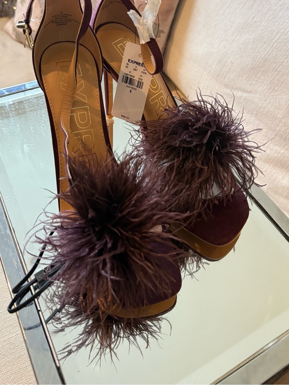 Express Plum Feather Pom-Pom Platform Heels